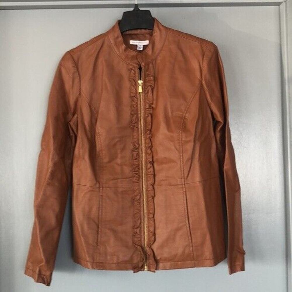 Isaac Mizrahi Live! Leather Jacket with Ruffled front Full Zip long Sleeve Sz 12